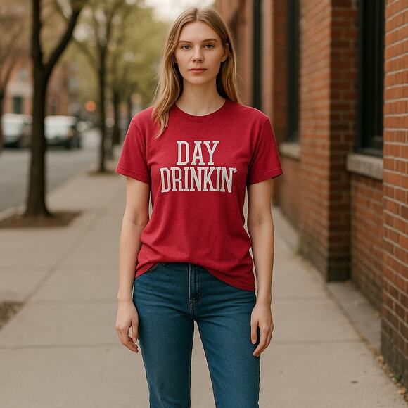 "Day Drinkin'" Dark Red Graphic T-Shirt Short Sleeves - Medium - Picture 1 of 2